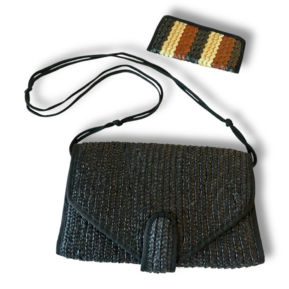 Vintage 90’s Black Woven Straw Envelope Purse w/ Coordinating Brown wallet